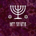 Square wish card Happy Yom Kippur with a white candlestick menorah and crosses of David on a purple background