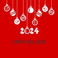 Square wish card 2024 written in English with Christmas\' balls on a red background