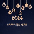 Square wish card 2024 written in English with golden Christmas\' balls on a starry night background