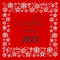 Square wish card 2023 written in French with a lot of white stars on a red background