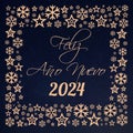 Square wish card 2024 written in Spanish in gold font with a lot of golden stars on a starry blue background