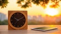 Wooden clock and tablet at sunset Royalty Free Stock Photo
