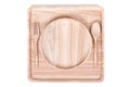 Square wooden dish set with spoon, on white background