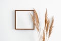 Square wooden frame mockup on white wall with dry plant. Copy space for artwork, photo or print presentation.