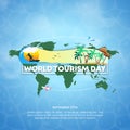 Square World Tourism Day background with a beach scenery and world map Royalty Free Stock Photo