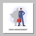 Squared banner with businessman with superhero shadow flat style