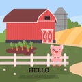 Squared banner with cute pig on farm flat style, vector illustration