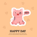 Squared banner with sitting smiling pig saying hey flat style