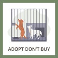 Squared banner with stray dogs in cage flat style, vector illustration