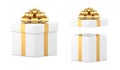 Squared 3d wrapped white gift box with golden metallic luxury bow ribbon set realistic vector