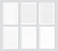 Squared notebook pages, lined paper sheets, notepaper. School notepad with lines or dots, blank memo papers, notebooks Royalty Free Stock Photo