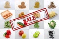 Squares with different products, food ingredients with sale sign Royalty Free Stock Photo