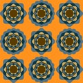Squares and flowers. Seamless geometric pattern. Blue, orange, cyan colors.