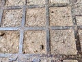 Squares in a metal grid lying on concrete, pebbles, earth. The old sidewalk or wall. A pattern of metal rods. Background