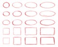 Squares, oval, circle line, grunge vector set in sketch style. Red frames outline