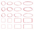 Squares, oval, circle line, grunge vector set in sketch style. Red frames outline