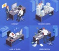 Squares problem situations at work isometric icon set with conflict too much work lack of sleep and lose control descriptions