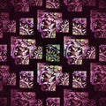 Squares and rectangles pattern overlaying with purple and pink elements on dark brown centered and blurred