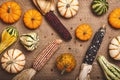 Squash, corn and pumpkins on a burlap background. Royalty Free Stock Photo