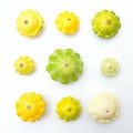 Squash vegetable. Group of green and yellow pattypan. Royalty Free Stock Photo