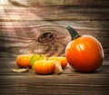 Squashes and pumpkins on wooden table background Royalty Free Stock Photo