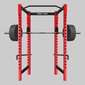 Squat rack. Heavy barbell on squat rack. Gym equipment.