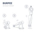 Squat Thrust Burpee Female Home Workout Exercise Guide Outline Black and White Illustration Concept.