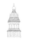 A squat tower in Russian oriental style with columns, tiles and a dome, hand-drawn by black lines outlines, scheme, sketch,