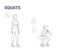 Squats Female Exercise Guide. Young Woman in Sportswear Doing Home Workout.