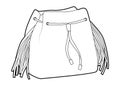 Squaw Bag bucket silhouette with drawstring closure and tassels fringe. Fashion accessory technical illustration
