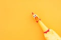 Squawking chicken or squeaky toy are shouting and copy space yellow background. Chicken shouting Toy on orange background