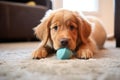 a squeaky toy with a bite mark, lying on a rug