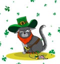 Squeamish Cat dressed as a leprechaun and a mouse in a carnival costume. Poster St. Patrick`s Day