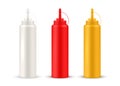 Squeeze bottle for sauce, ketchup realistic mockups set in white, red, yellow colors. Plastic containers.