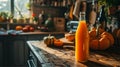 Squeeze juice, orange pumpkin juice on wooden kitchen table