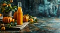 Squeeze juice, orange pumpkin juice on wooden kitchen table