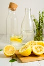 Squeezed lemons, water, mint and ready lemonade