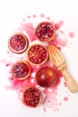 Squeezed Sliced Ripe Juicy Sicilian Blood Oranges on White Background Tasty Oranges Wooden Squeezer Vertical Top View