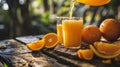 Squeezing freshly squeezed orange juice onto a wooden table in an Royalty Free Stock Photo