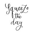 Squeezy the day - vector lettering quote. Hand drawn calligraphy quote with frame of lemons and leaves.