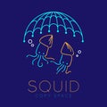 Squid, Fishing net and Air bubble logo icon outline stroke set dash line design illustration isolated on dark blue background with Royalty Free Stock Photo