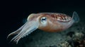 A squid gracefully moves through dark ocean waters at night, showcasing its stunning features Royalty Free Stock Photo