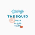 The Squid Ocean Canned Fillets. Abstract Vector Sign, Symbol or Logo Template. Hand Drawn Squid Illustration with Modern Royalty Free Stock Photo