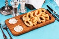 Squid rings fried in batter snack for beer with cream sauce and steamed rice Royalty Free Stock Photo