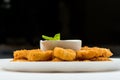 Squid rings fried in batter with white sauce on white plate on black background Royalty Free Stock Photo