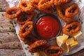 Squid rings fried in breadcrumbs closeup on a table. horizontal Royalty Free Stock Photo