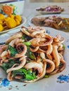 Squid seafood stir fry close up. Chinese food Royalty Free Stock Photo