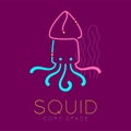 Squid and Seaweed logo icon outline stroke set dash line design illustration blue pink and yellow color isolated on purple