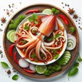 Squid served on a flat plate with chili sauce and vegetables isolated on a white background 2 Royalty Free Stock Photo