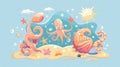 Squid and shrimp at beach elements. Illustration of marine creatures including squid, prawn, starfish with beach Royalty Free Stock Photo